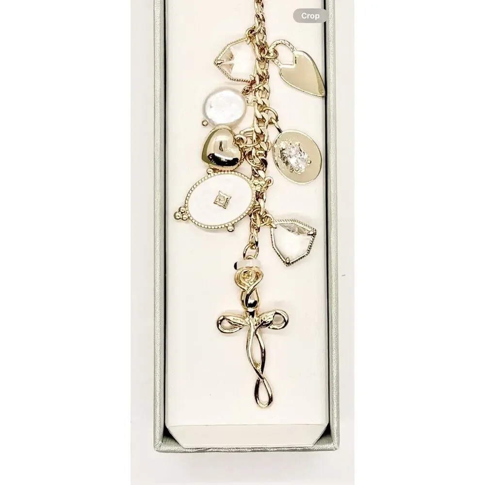 Atterri Gold Cross Rose Bag Charm Shell Hearts Key Jean Chain NEW Religious - Picture 2 of 2